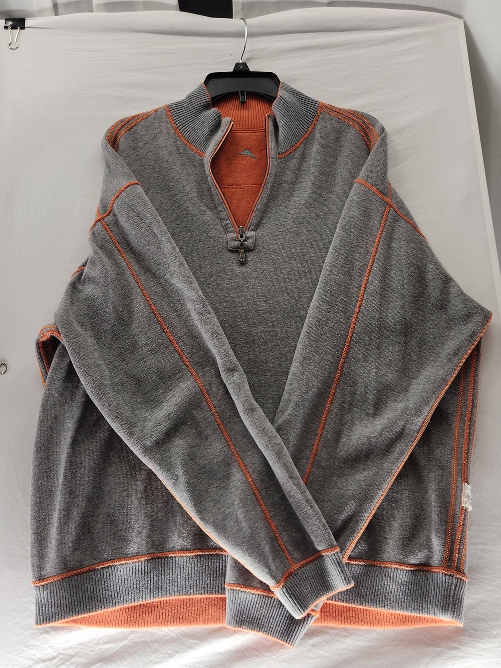Tommy Bahama Reversible 1/4 Zip Sweater Mens XXL Cotton Orange Gray Long Sleeve